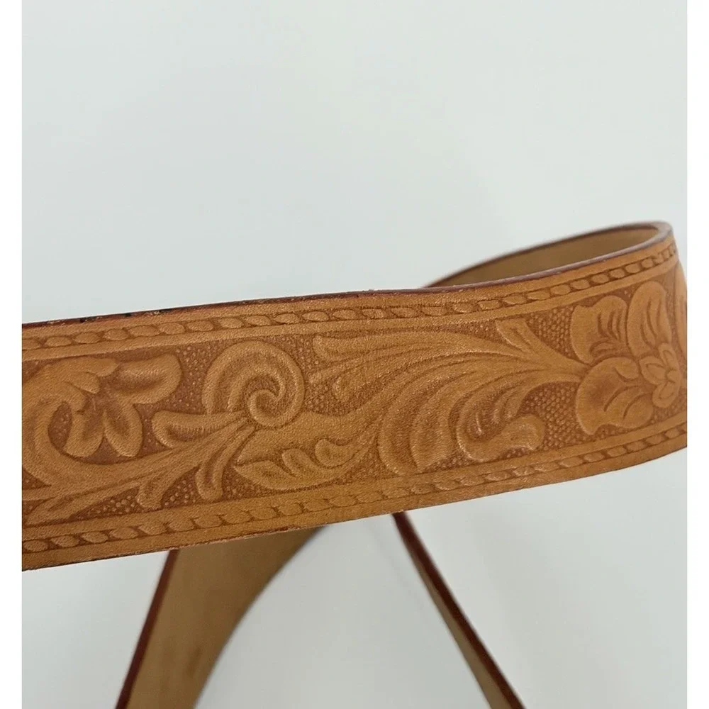 Vintage Tooled Leather Belt with Faux Mother of Pearl Horse Shoe Buckle Size 28